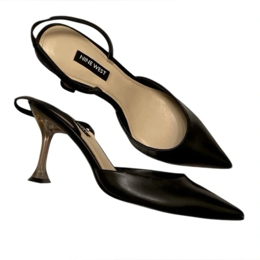 Nine West Slingbacks In The Clear Heels Pointy Toe Black Worn Once WM SZ 7 1/2 M